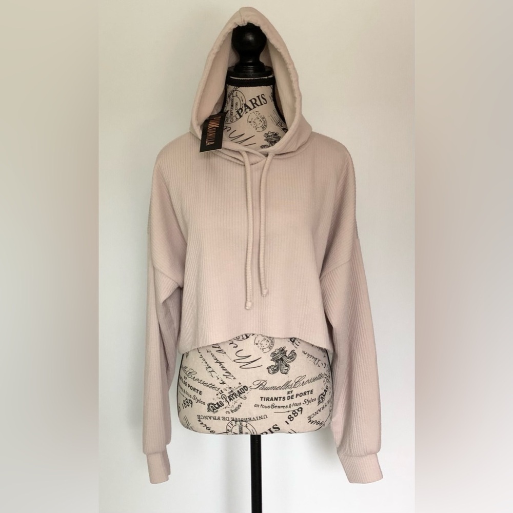 NEW Women's Peachy Pink Ribbed Knit Vanilla Hoodie Size Medium NWT
